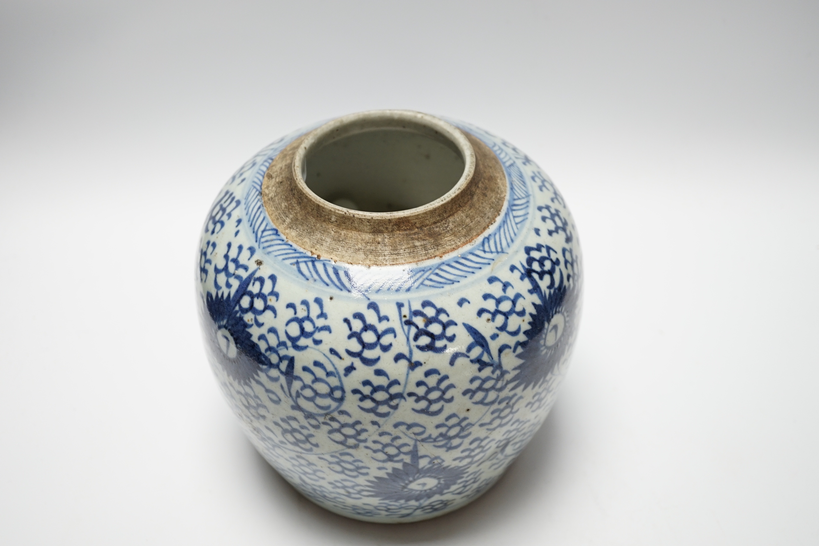 A Chinese blue and white jar and cover and another without cover, Qing dynasty and later largest 19cm high